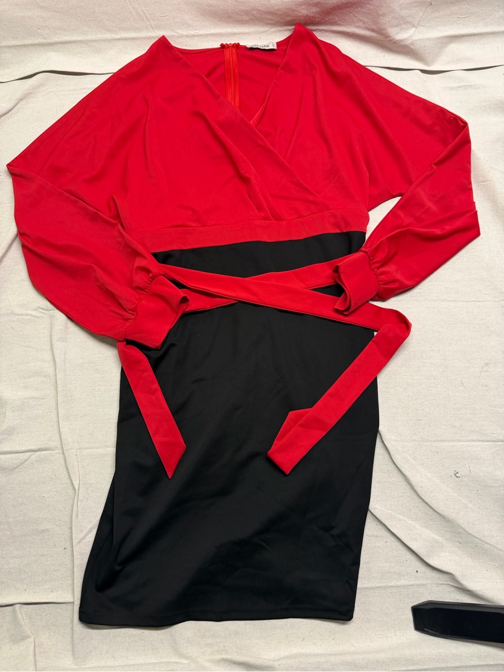Grace Karin Red and Black Faux Wrap Long Sleeve Dress